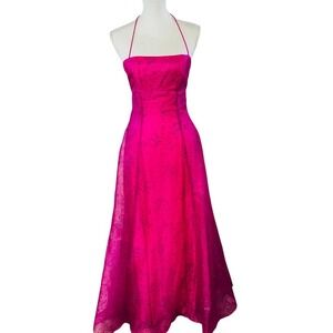 Vintage Hot Pink Halter Prom Dress Sparkly ALine Formal Evening Gown Corset Back